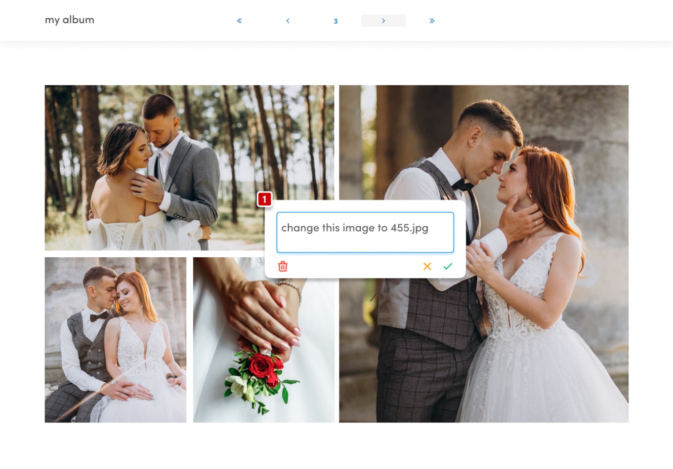 Album spread in AlbumProof with a comment pinned to one photo